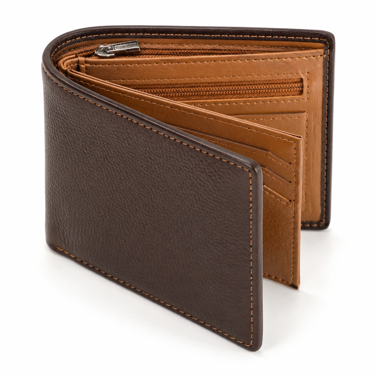 Portefeuille pliant 12 x 9.5 x 2 cm en similicuir marron avec compartiment zippé