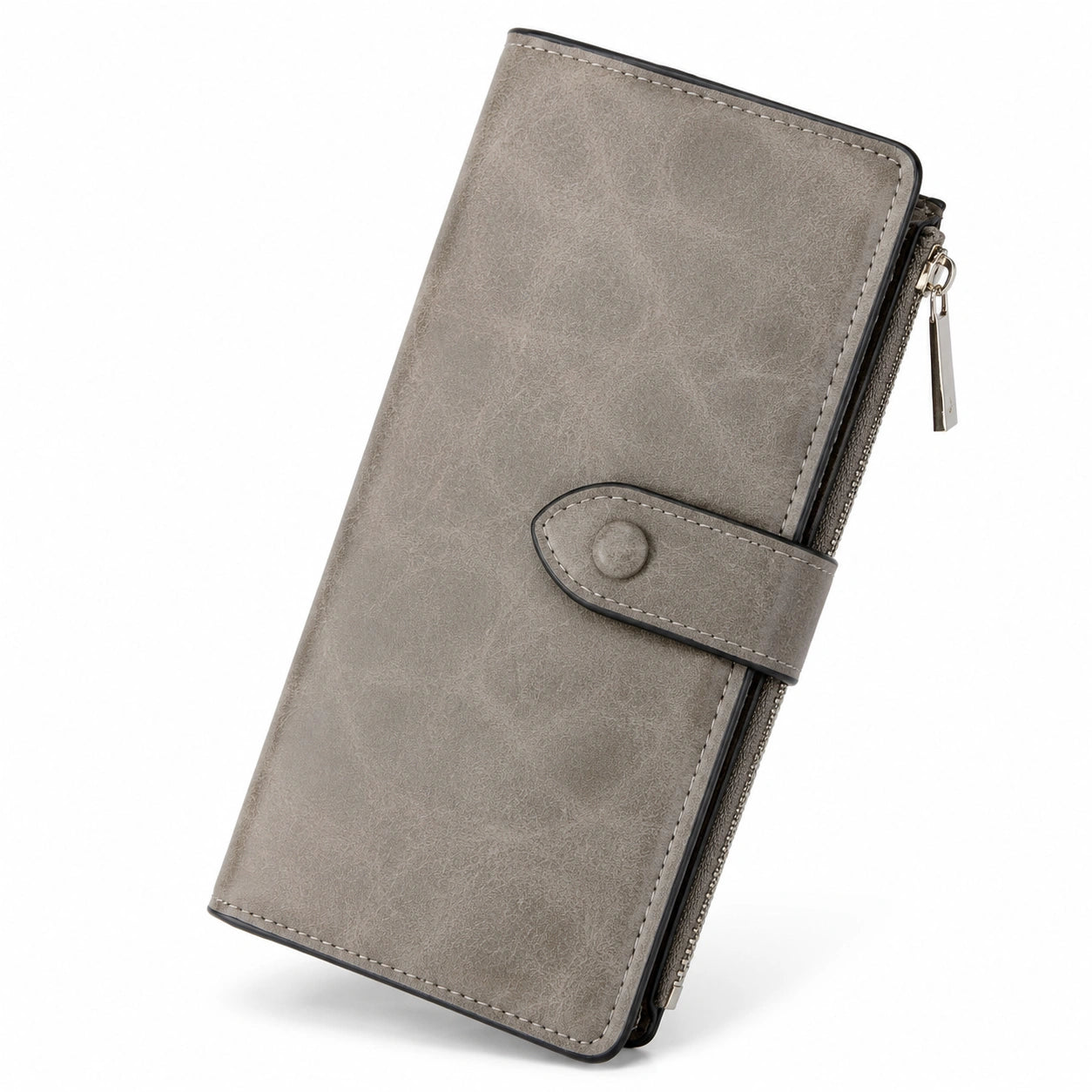 Portefeuille 19 x 10 x 3 cm en similicuir gris avec fermeture éclair et bouton pression
