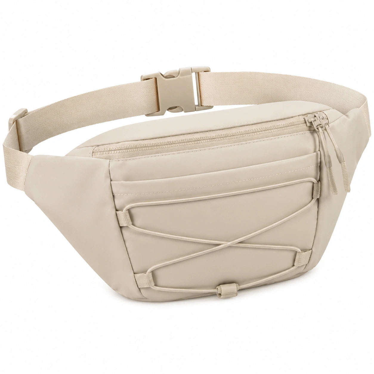 Sac banane 30 x 7 x 15 cm en textile beige avec sangle réglable et poches zippées
