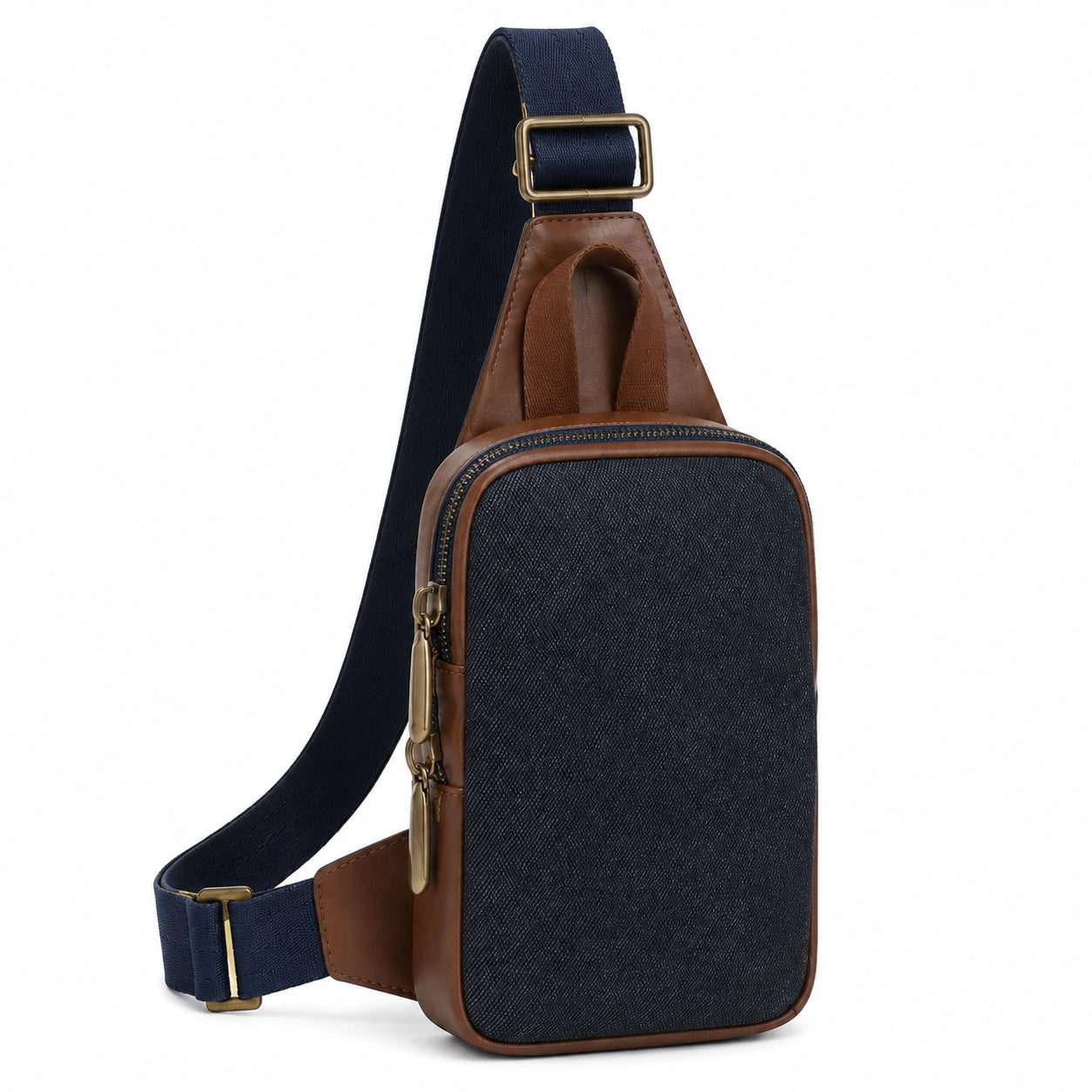 Sac bandoulière 18 x 7 x 30 cm en textile bleu marine et similicuir marron - compact à fermeture zippée