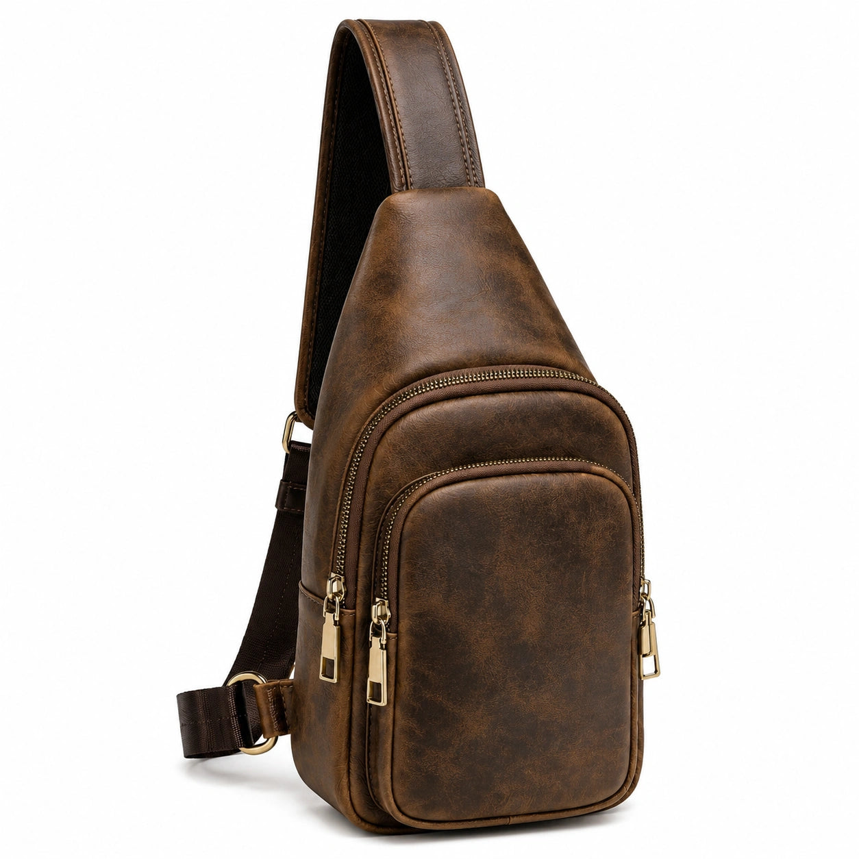Sac bandoulière 17 x 8 x 31 cm en matière synthétique marron style vintage à poches zippées