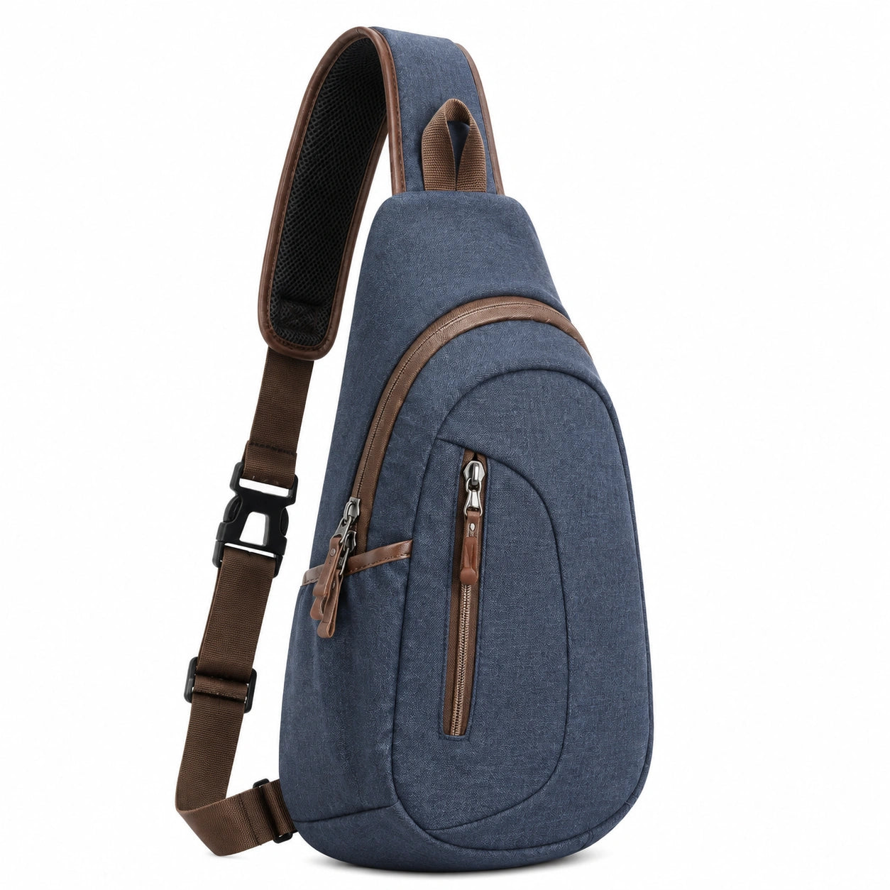 Sac bandoulière 18 x 8 x 33 cm en tissu bleu marine avec finitions marron pour usage quotidien