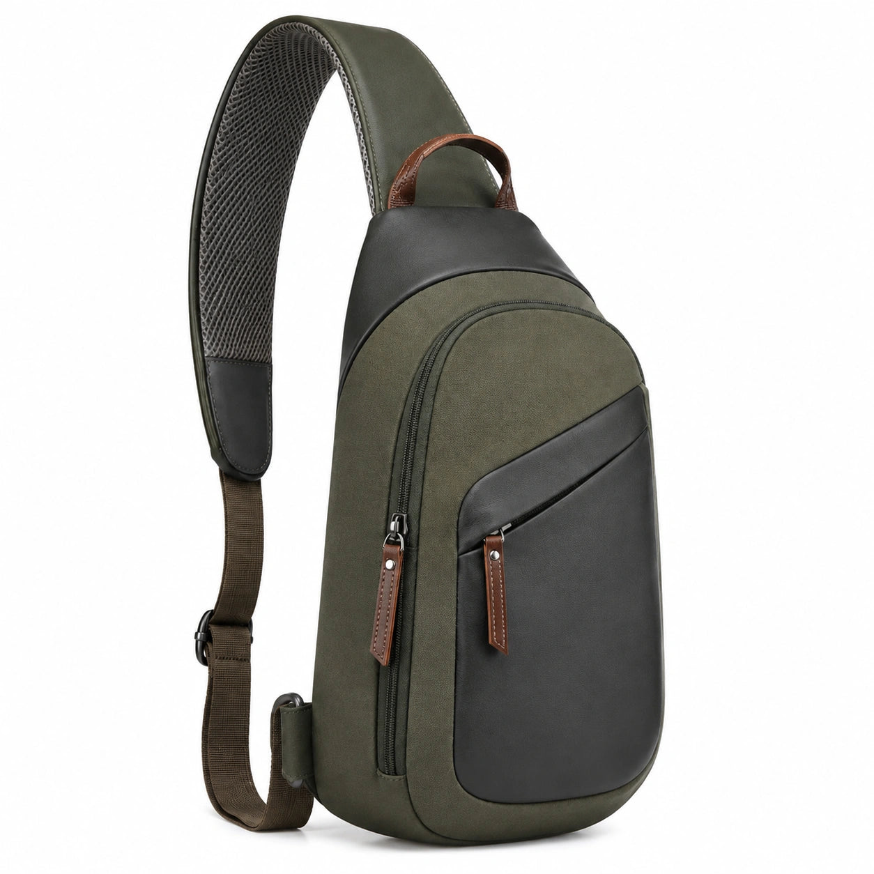 Sac à dos bandoulière 32 cm en tissu vert kaki et similicuir noir à poches zippées