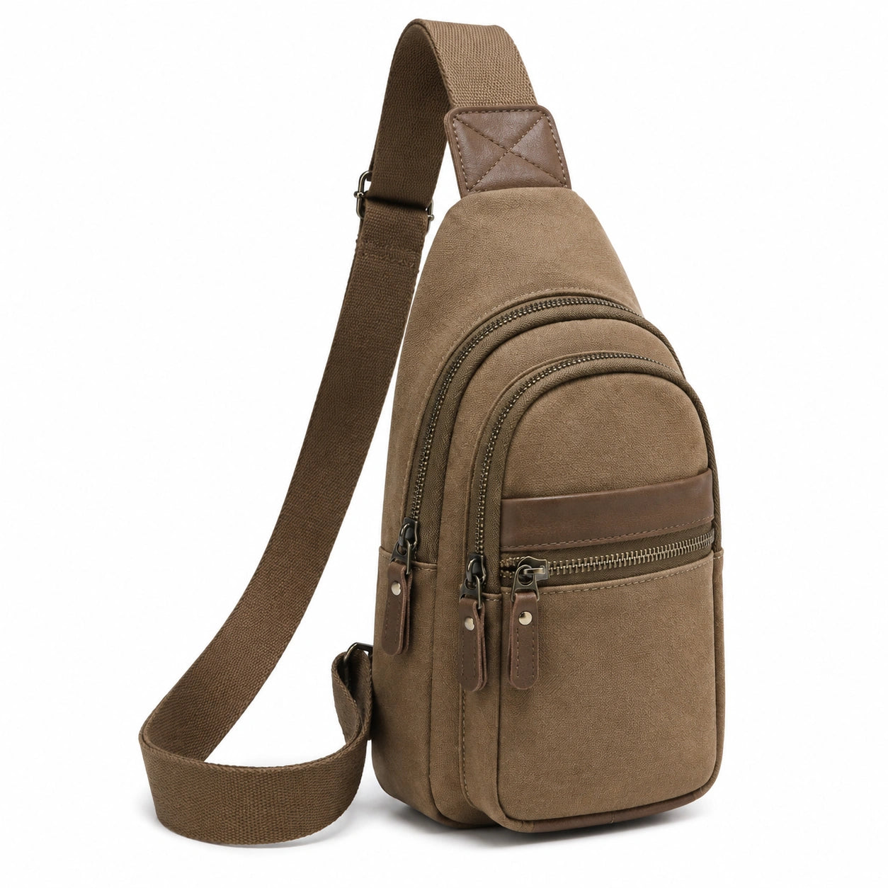 Sac bandoulière poitrine 18 x 8 x 32 cm en matière synthétique marron à compartiments zippés