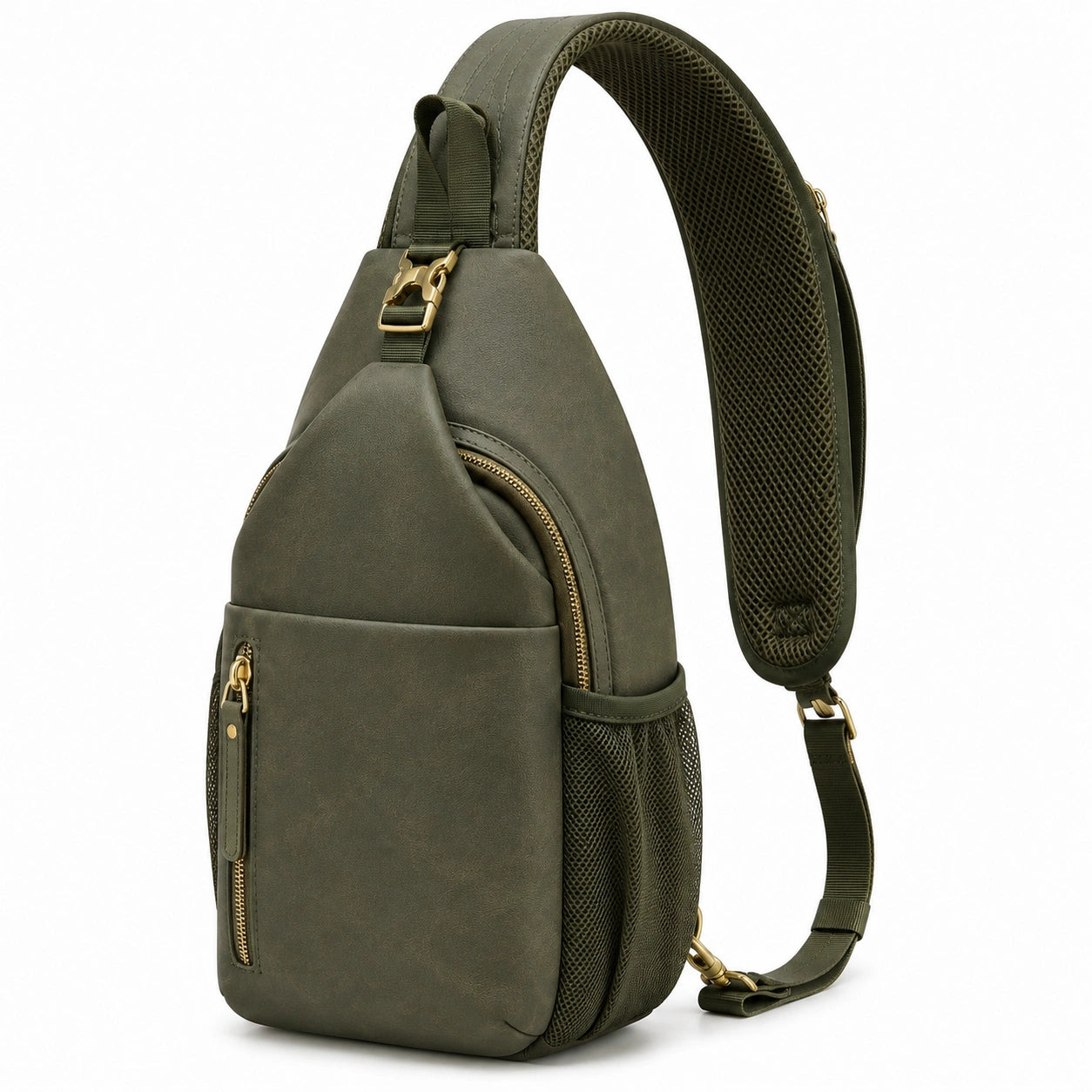 Sac bandoulière 18 x 8 x 30 cm en matière synthétique vert kaki avec poches zippées