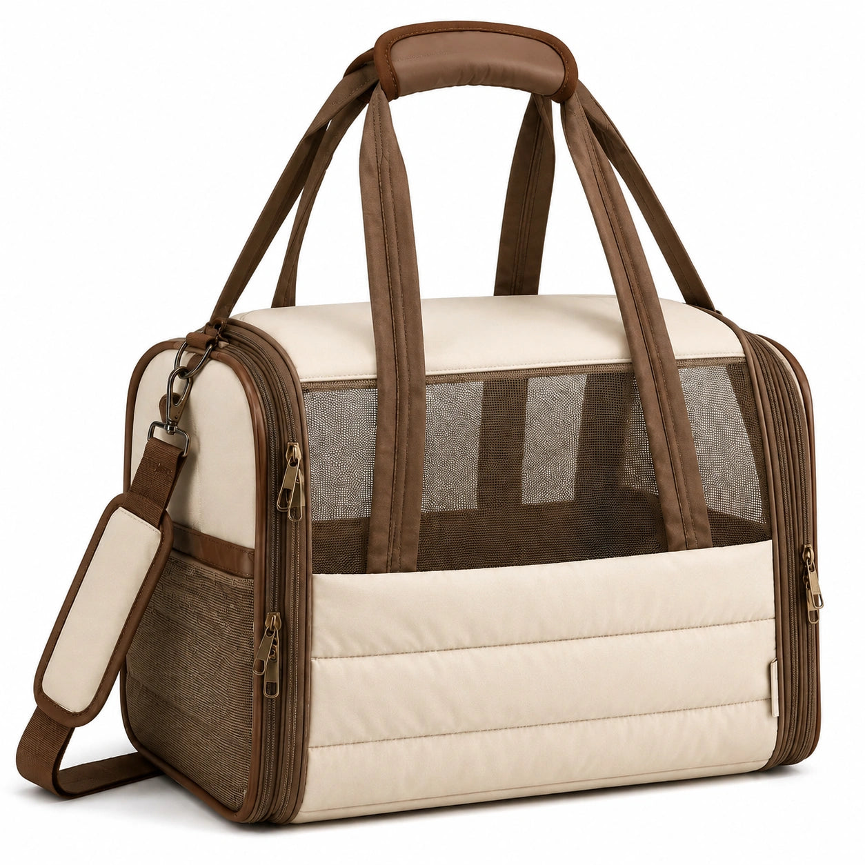 Sac de transport pour animaux 45 x 30 x 30 cm en tissu beige/marron ventilé à bandoulière