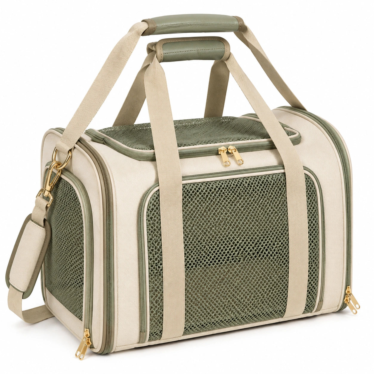 Sac de transport pour animal 45 x 28 x 30 cm textile beige/vert aéré à bandoulière