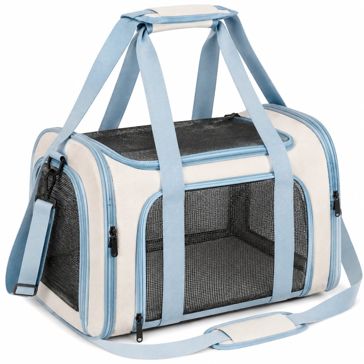Sac de transport pour animaux 45 x 28 x 28 cm en textile beige et bleu avec fenêtres en maille