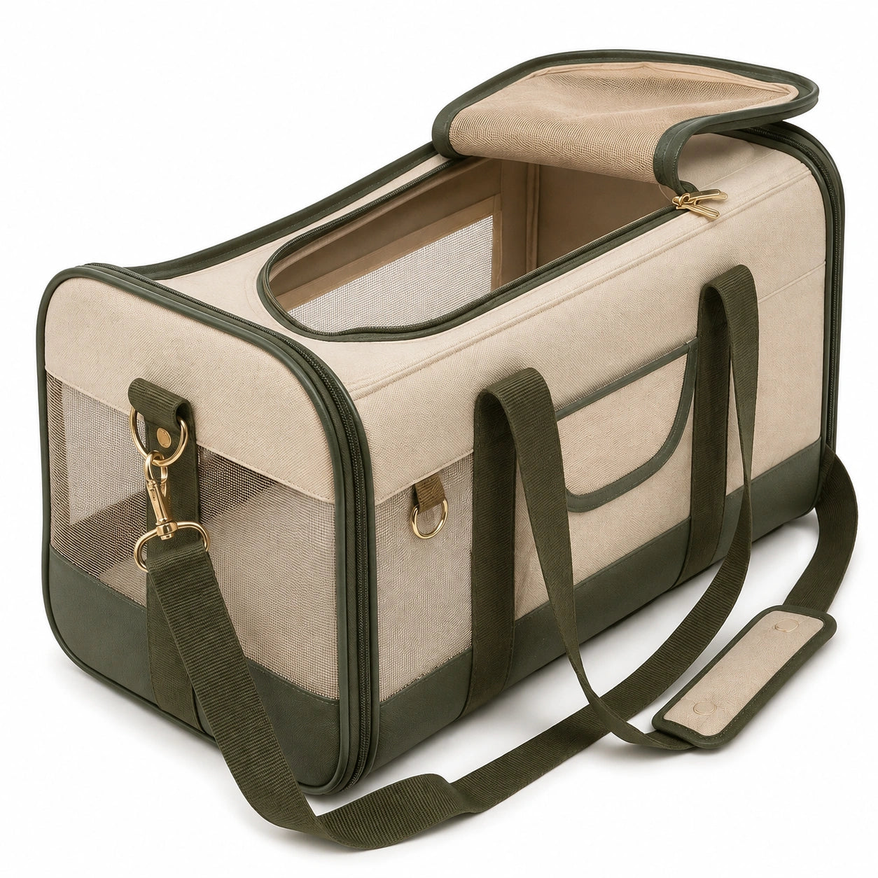 Sac de transport pour animaux 45 x 28 x 30 cm toile beige/vert avec aérations et bandoulière