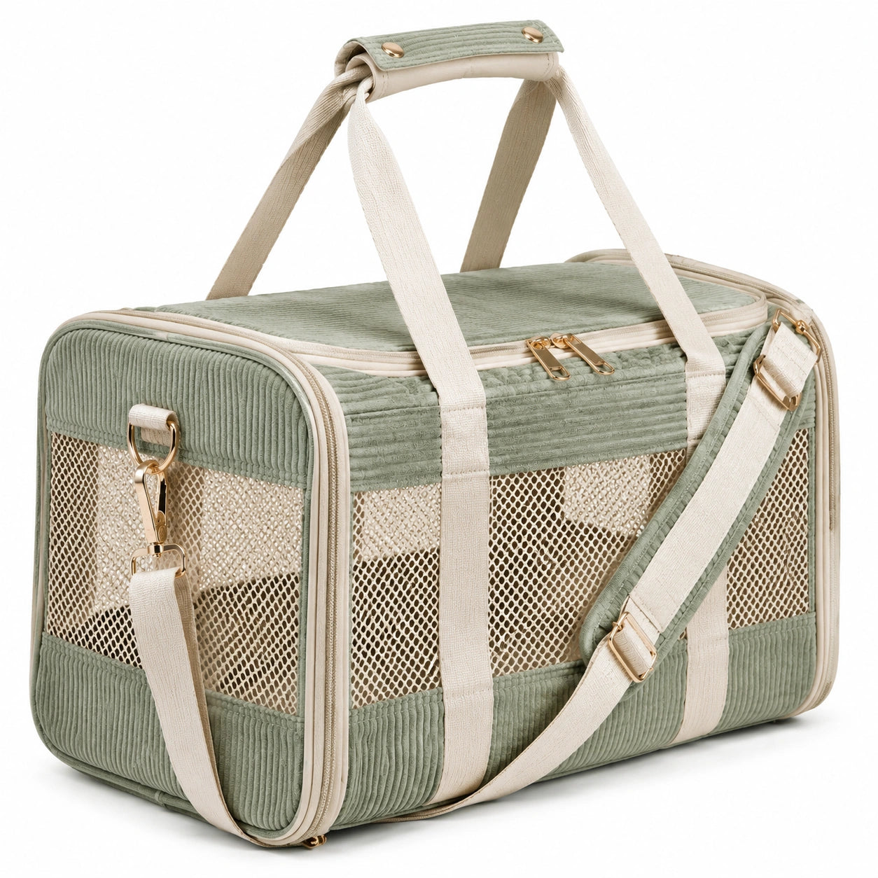 Sac de transport pour animal 45 x 28 x 30 cm en tissu côtelé vert avec panneaux en maille et bandoulière réglable