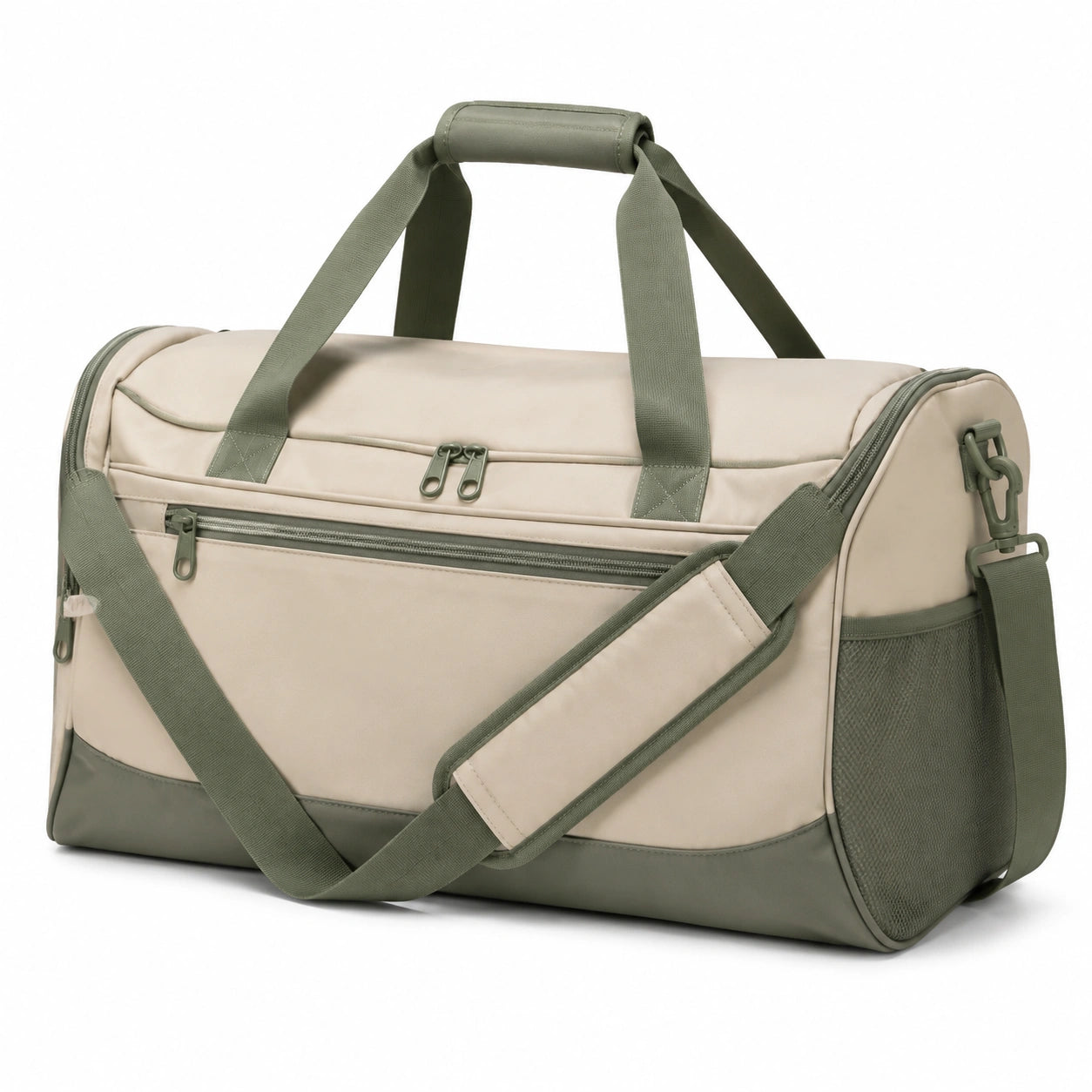 Sac de sport 50 cm en polyester beige et vert avec bandoulière et poches