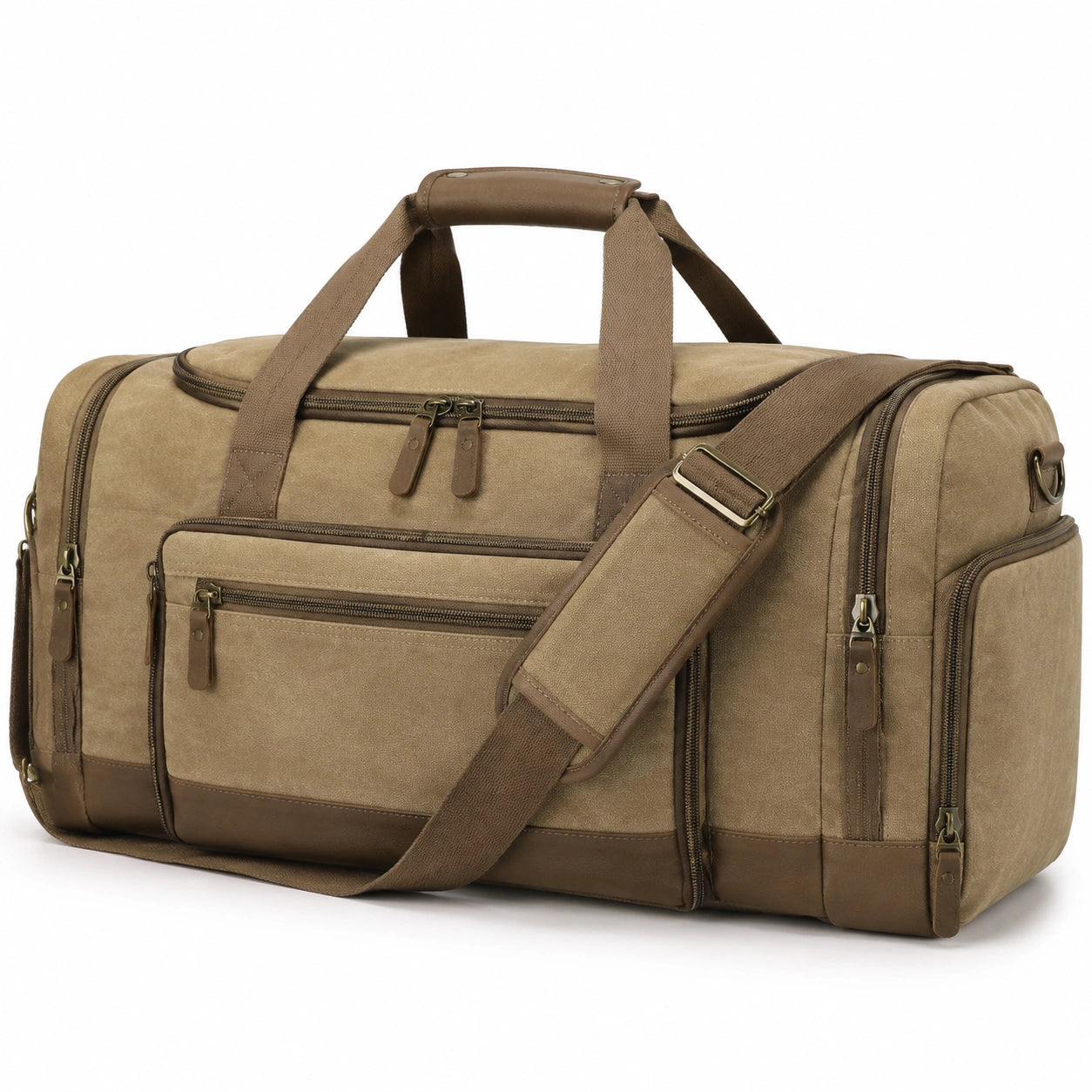 Sac de voyage 55 x 28 x 30 cm en textile synthétique kaki marron à multiples poches