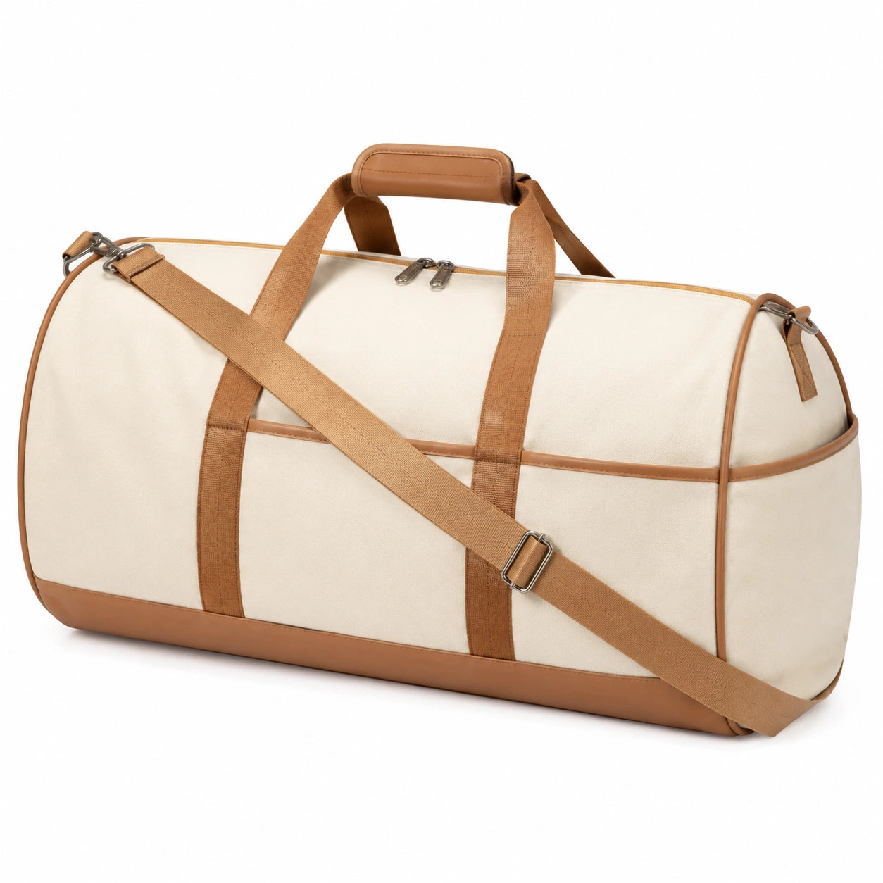 Sac de voyage 55 x 27 x 30 cm en toile beige et marron avec bandoulière réglable