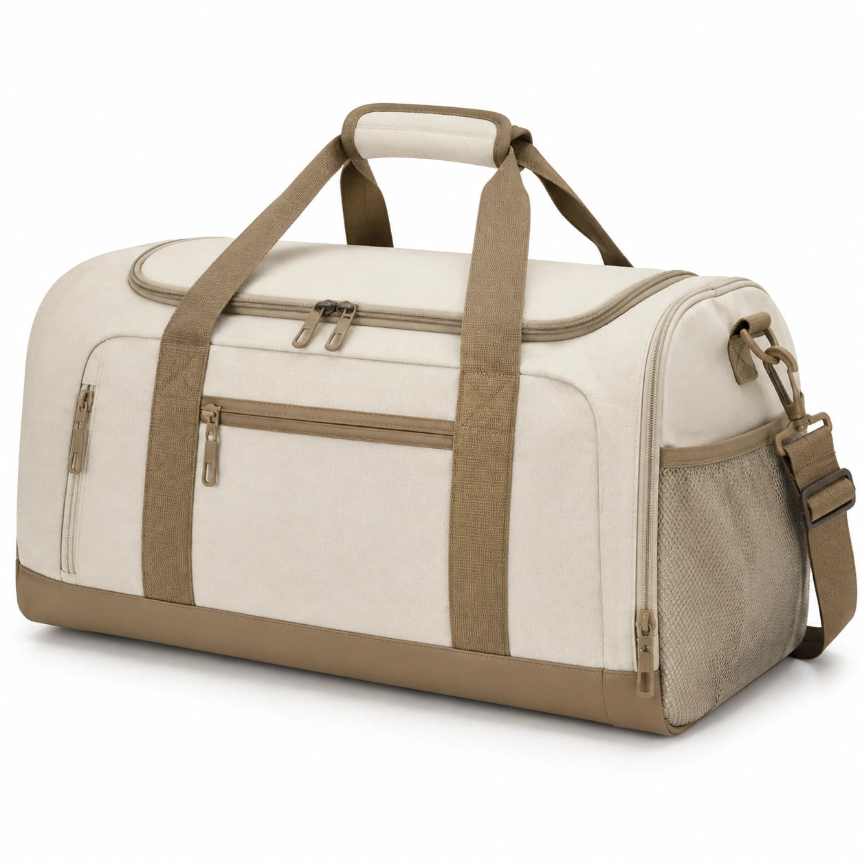Sac de voyage 50 cm en textile beige à compartiments multiples avec bandoulière