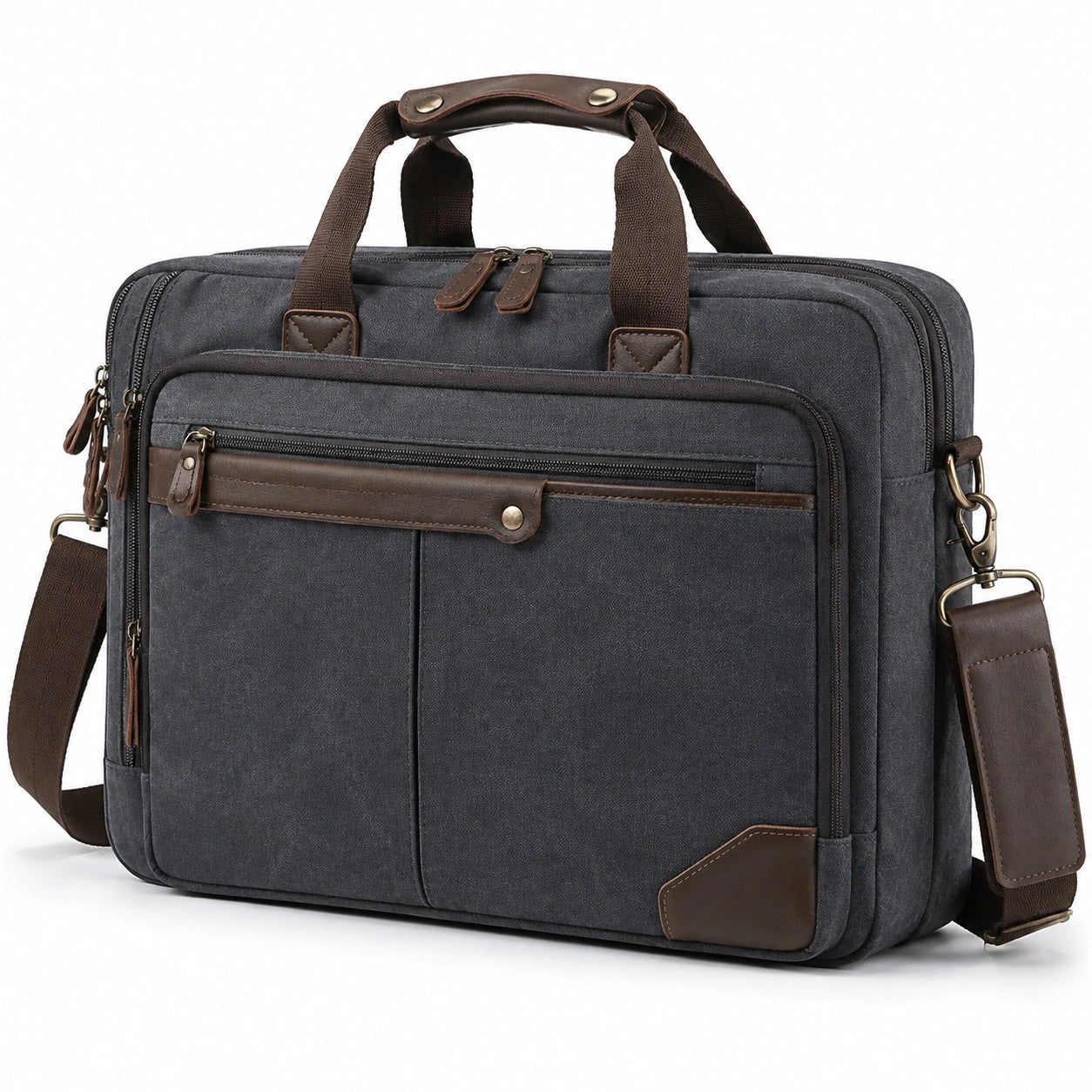 Sacoche ordinateur portable 42 cm en textile gris anthracite et similicuir marron style vintage à bandoulière