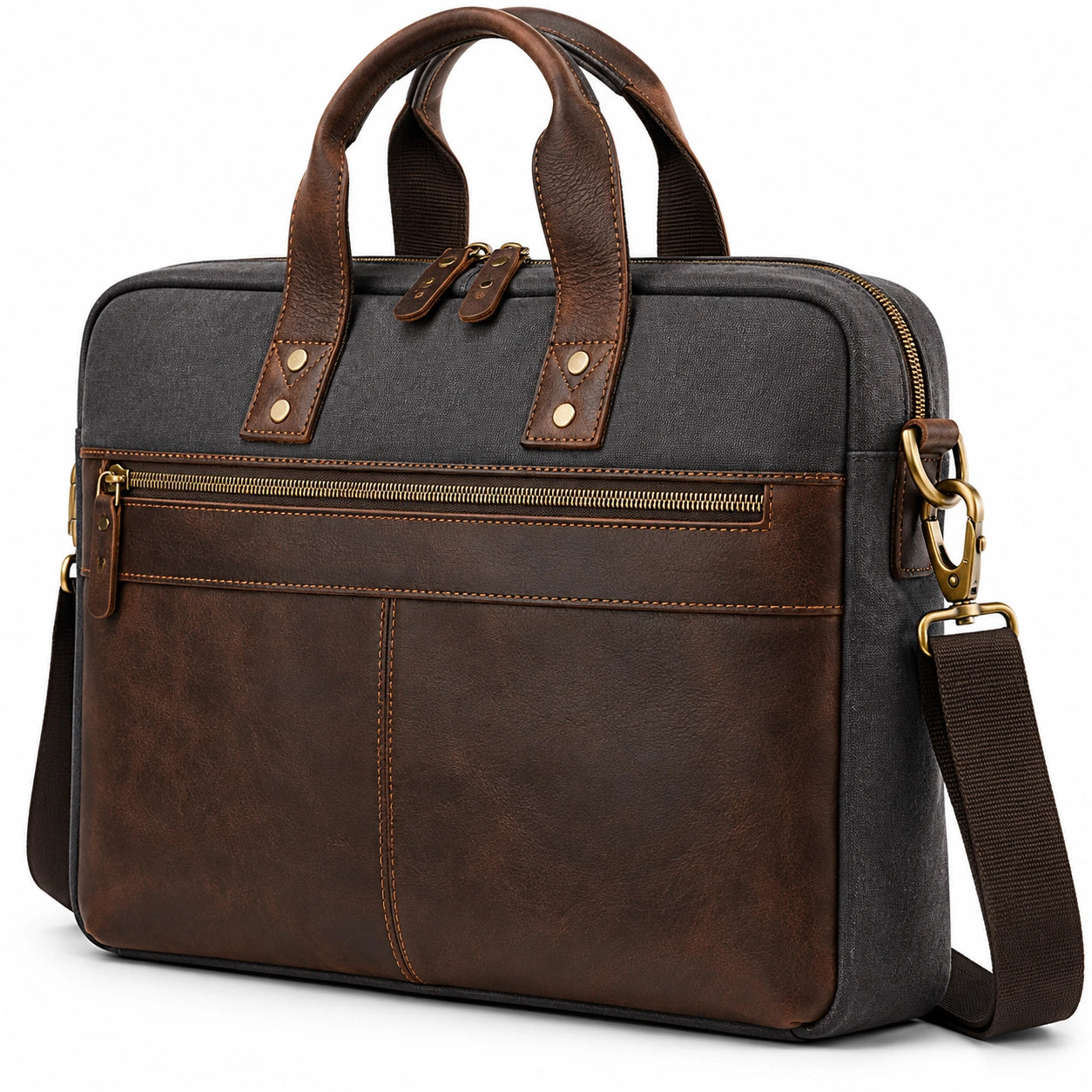 Sacoche pour ordinateur 40 cm en matière synthétique marron et noir style vintage avec bandoulière